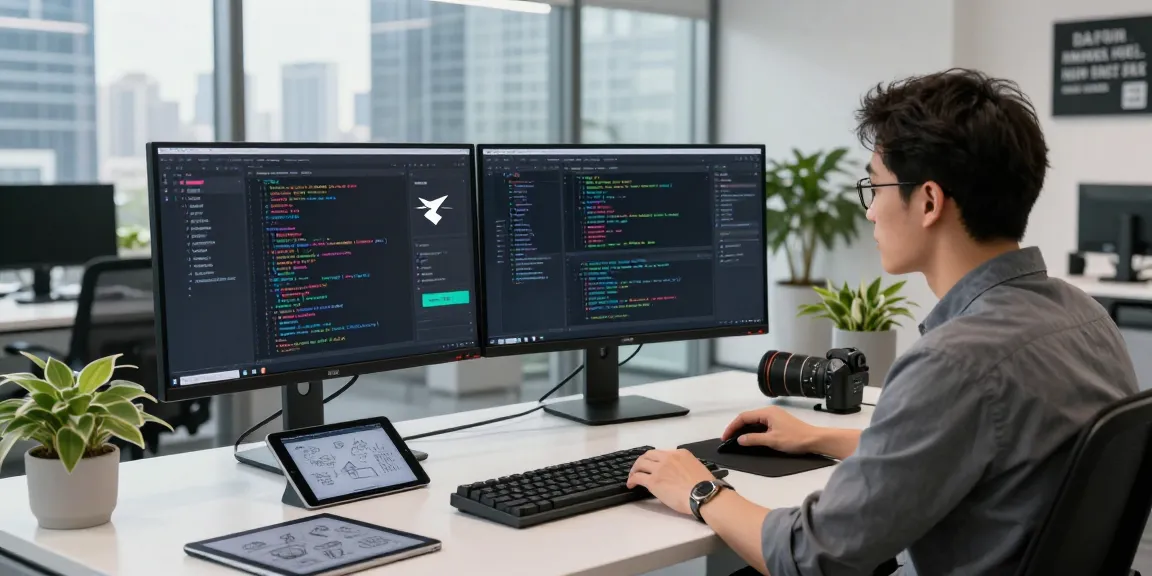 Workspace showcasing the developer creating 纸飞机中文版 app interface in a modern tech office.