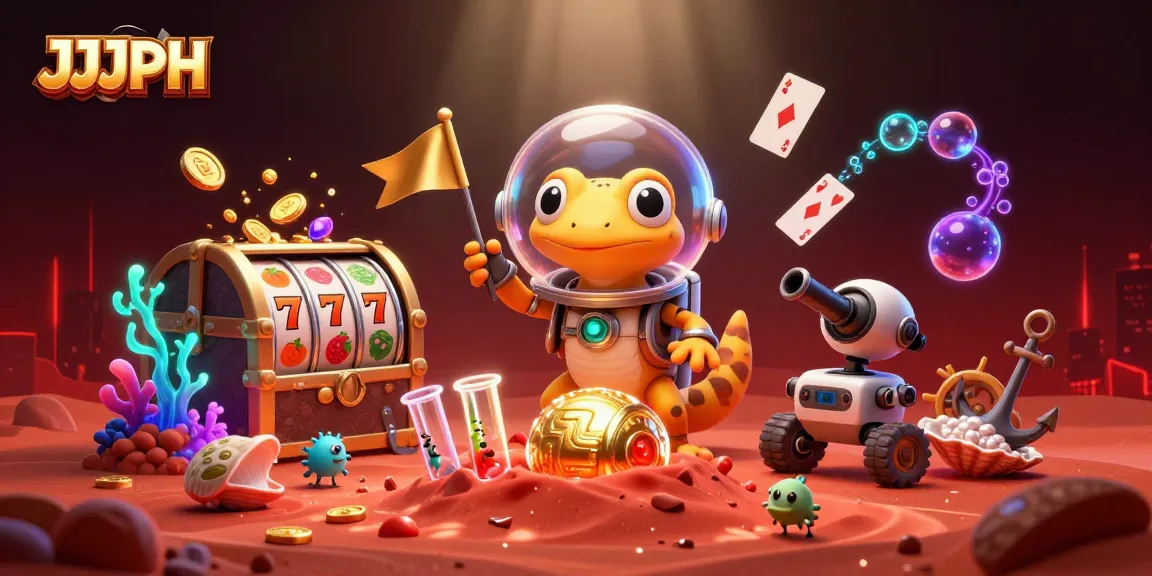 Engage with JJJPH as a Martian gecko discovers a golden casino amidst vibrant gaming elements.