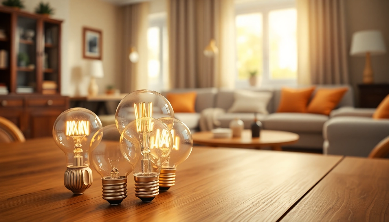 Showcase of sleek a19 bulbs illuminating a cozy home setting with warm light.