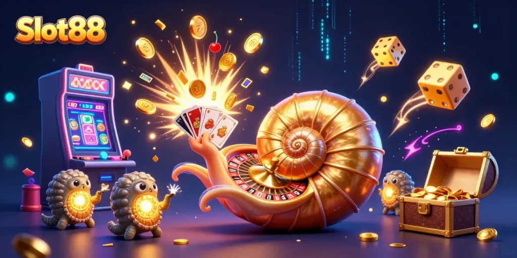 Slot88, berbagai elemen permainan slot mengelilingi nautilus raksasa dalam ilustrasi 3D yang berkilau.