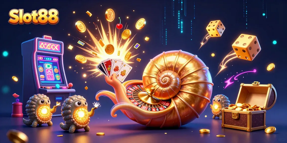 Slot88, berbagai elemen permainan slot mengelilingi nautilus raksasa dalam ilustrasi 3D yang berkilau.