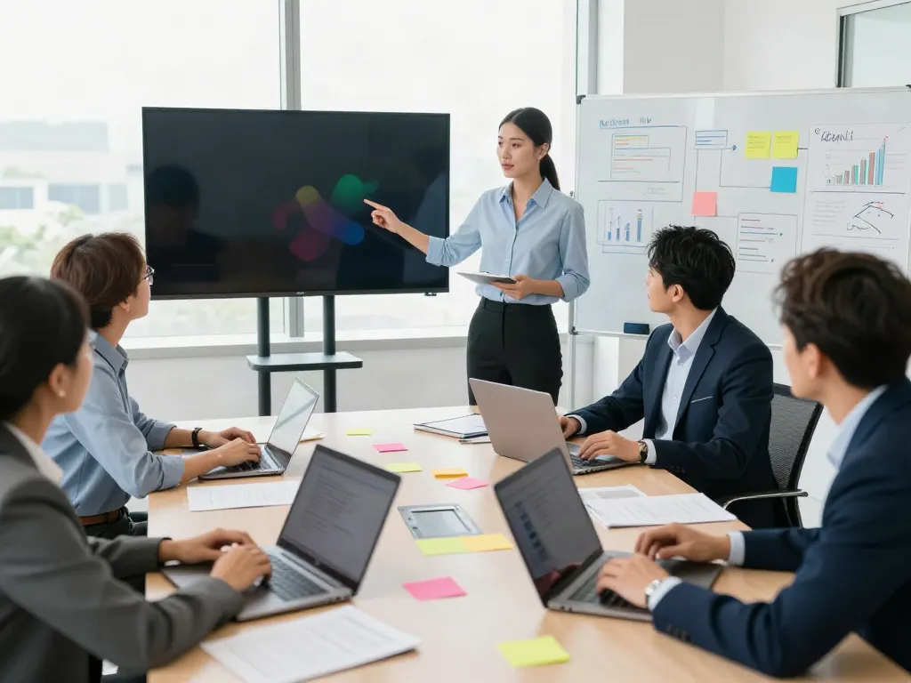 Corporate meeting with a focus on clear explanation and teamwork