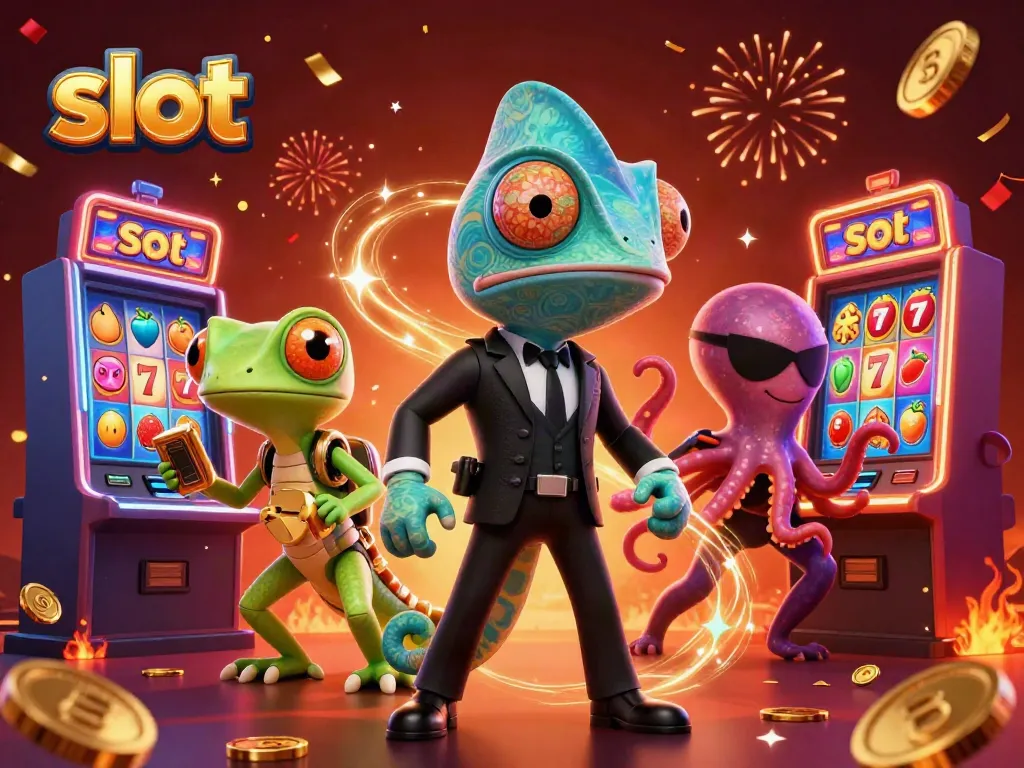 Engage with slot machines and characters in this vibrant casino-themed illustration.