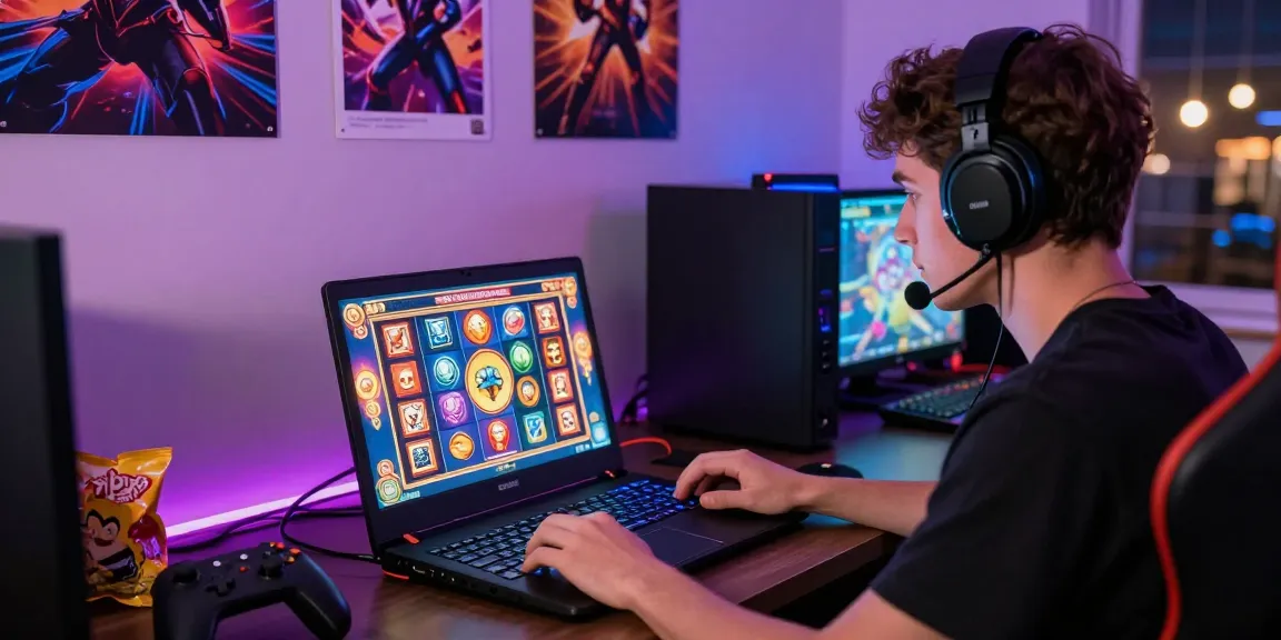 Engaged player enjoying slot dana games on laptop in vibrant home gaming setup