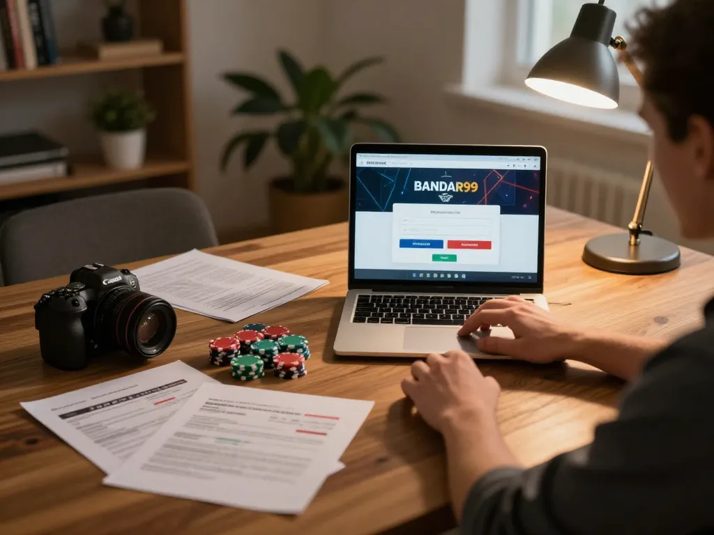 Engaging login bandar99 interface displayed on laptop surrounded by poker strategies in a cozy home office.