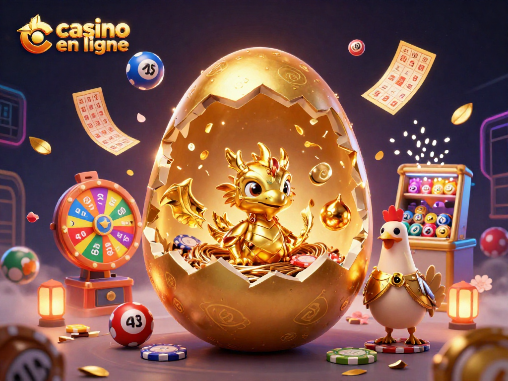 Découvrez l'univers captivant du casino en ligne avec un œuf d'or révélant un dragon fantastique et des jeux enchanteurs.
