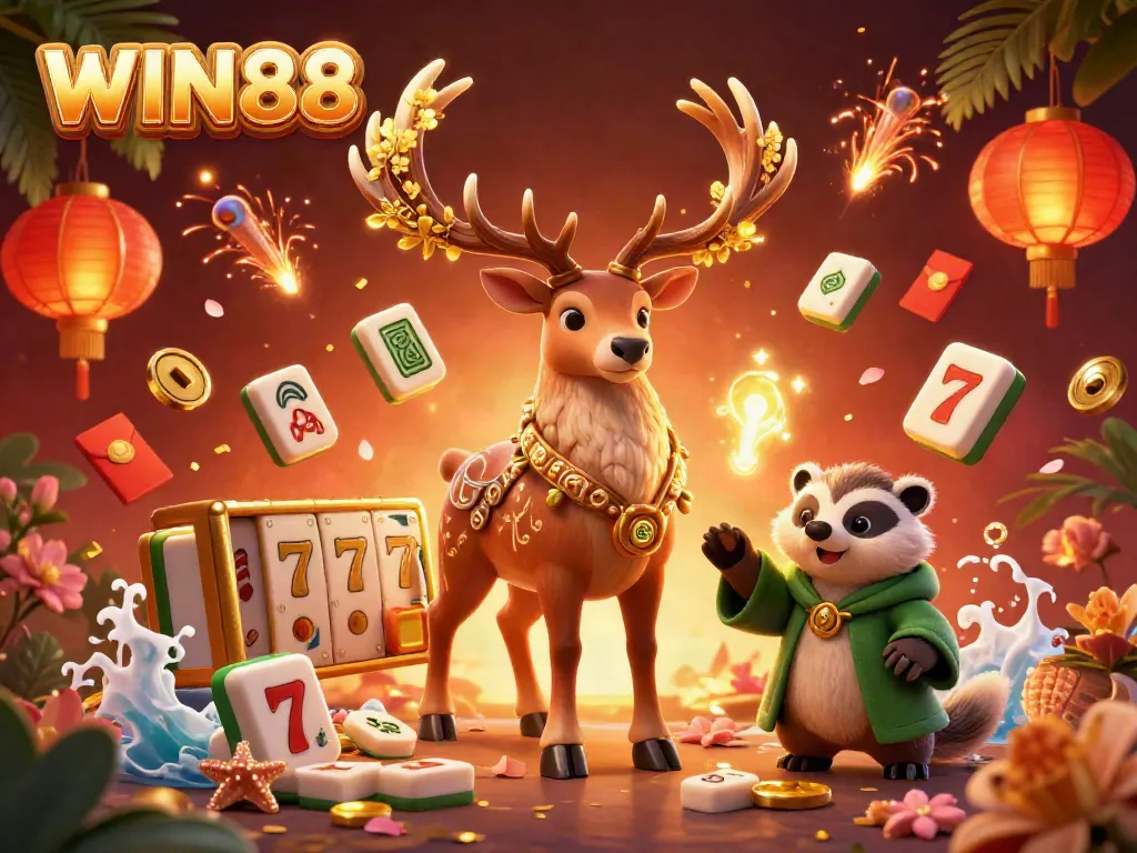 Experience WIN88 with this vibrant, dynamic casino scene featuring mythical characters and slot game elements.