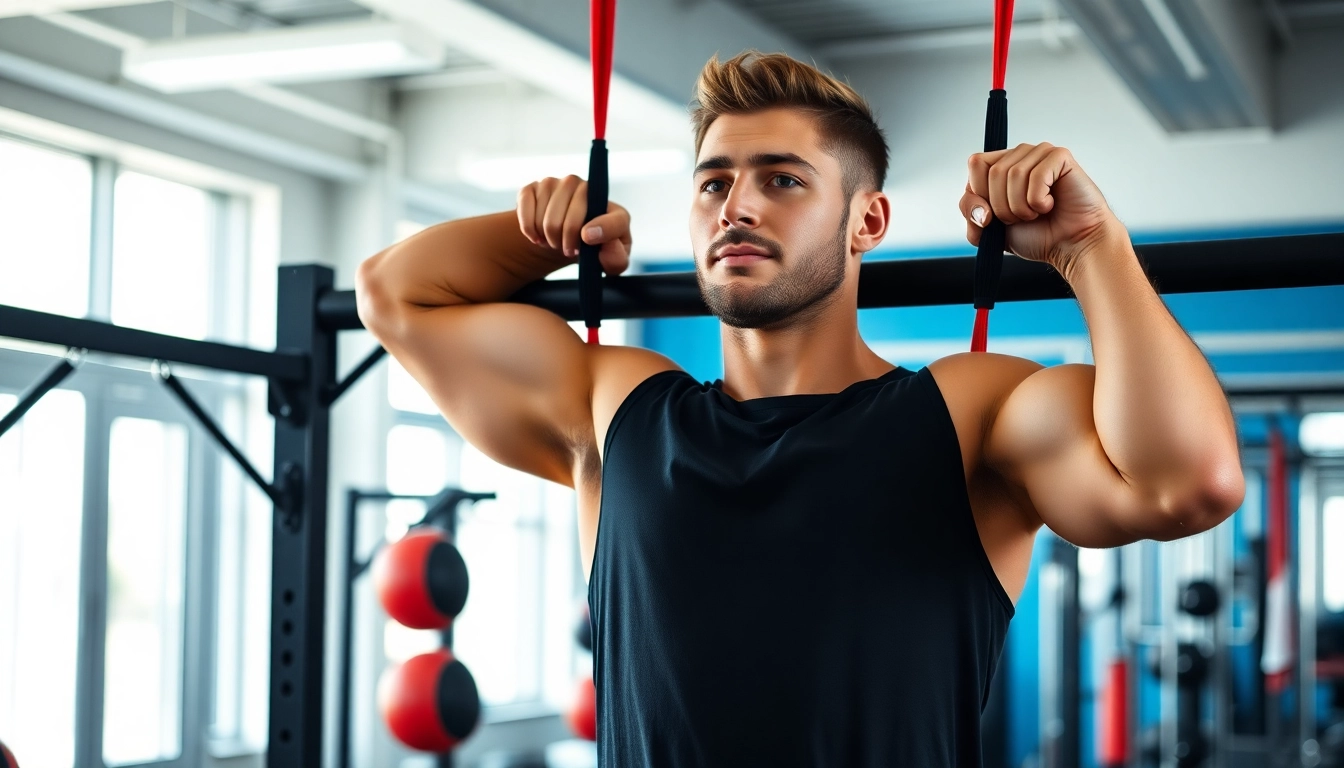 Fitness enthusiast practicing assisted pull-up bands in a vibrant gym setting.