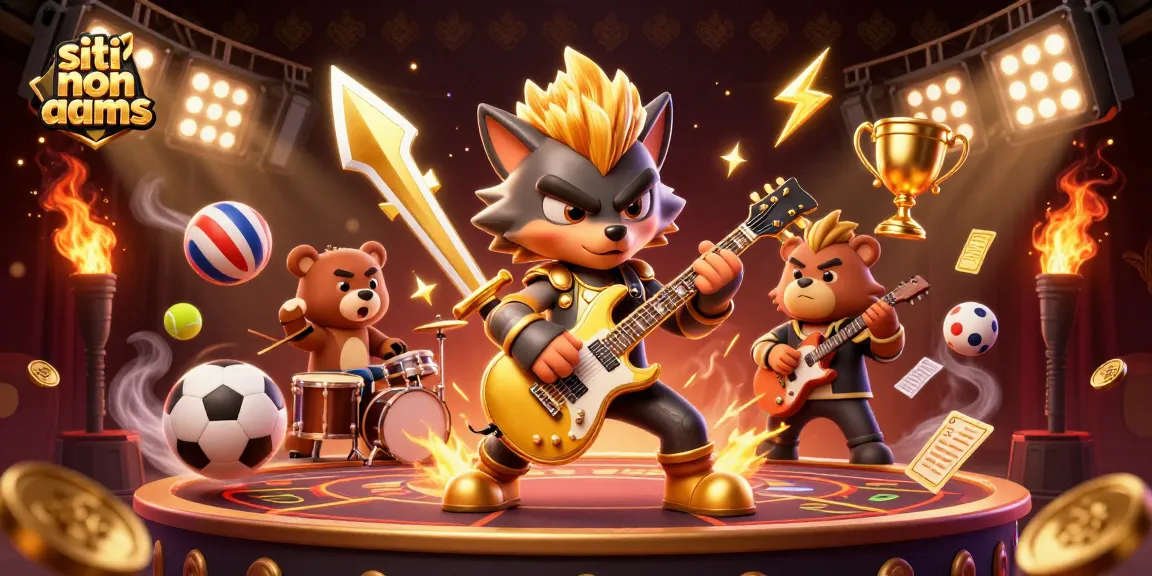 Scommettere con i migliori siti non AAMS con una scena vibrante che mostra un lupo rocker e un orso batterista.