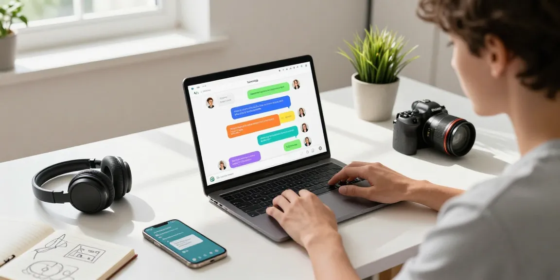 User engaging with WhatsApp電腦版 on a laptop in a stylish home office, showcasing vibrant chat interface and modern tech setup.