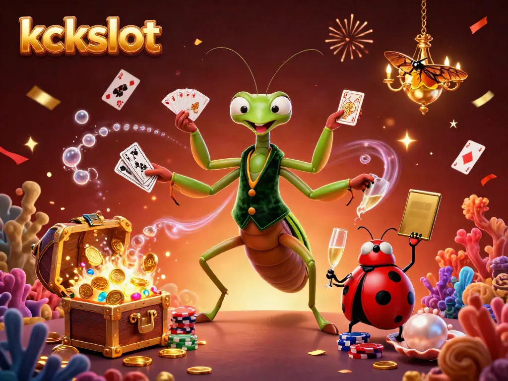Kckslot menampilkan ilustrasi kartun 3D raksasa mantis sedang bermain kartu dan pit boss ladybug di kasino.