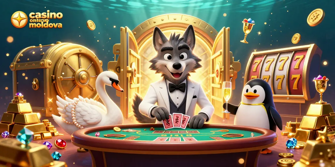 Joacă la casino online Moldova cu un lup elegant la masă, acompaniat de o lebădă și un pinguin somelier, între comori strălucitoare