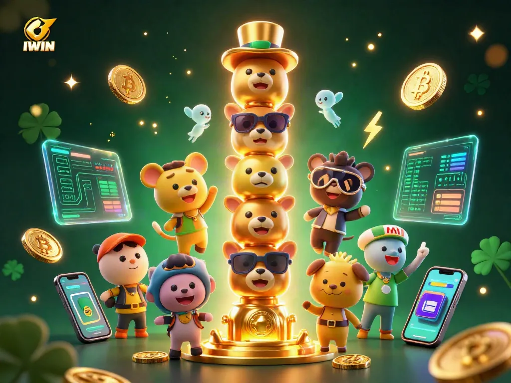 IWIN showcases a vibrant 3D casino scene with a golden totem pole and crypto-themed elements.
