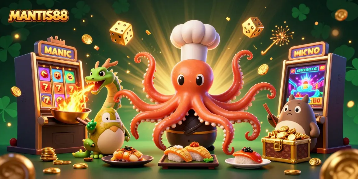 MANTIS88 showcases a vibrant casino-themed scene with an octopus chef and dragon companion celebrating a jackpot.