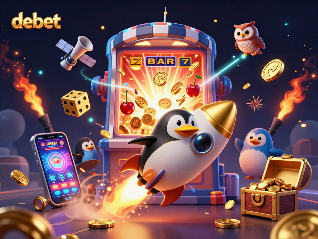 Experience debet slots and casinos with a vibrant 3D illustration of golden penguins and jackpot excitement.