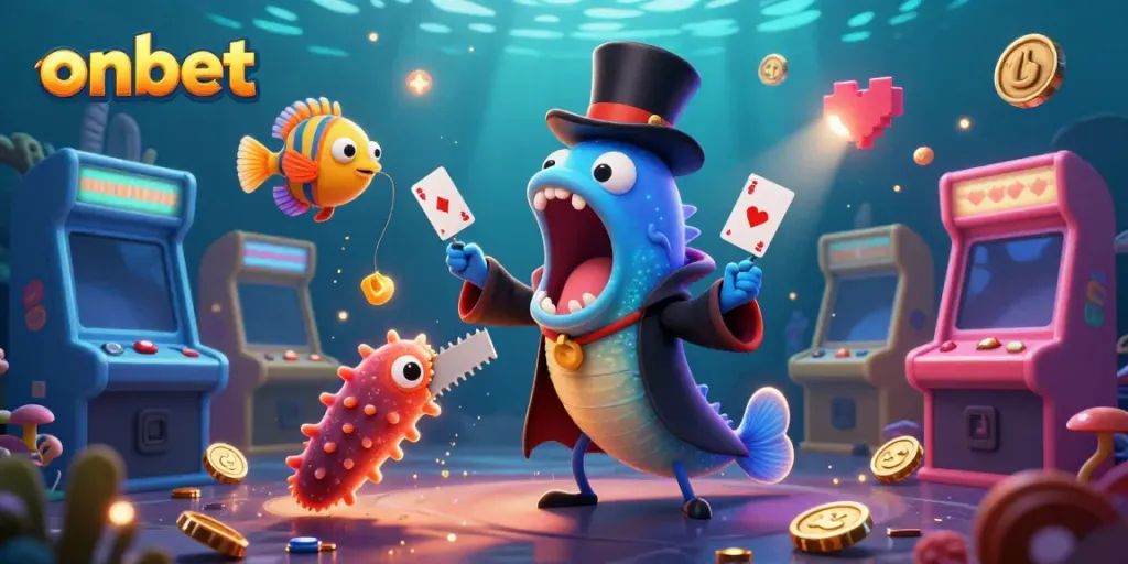 Experience the magic of onbet with a vibrant underwater casino scene featuring animated characters.
