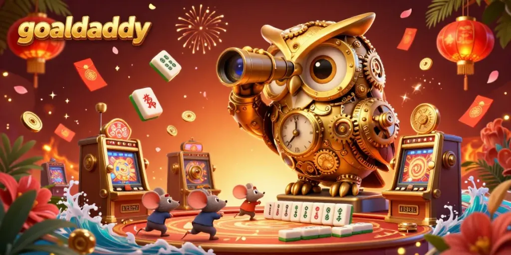 Win big with goaldaddy in a vibrant casino scene featuring a golden owl and lucky elements.
