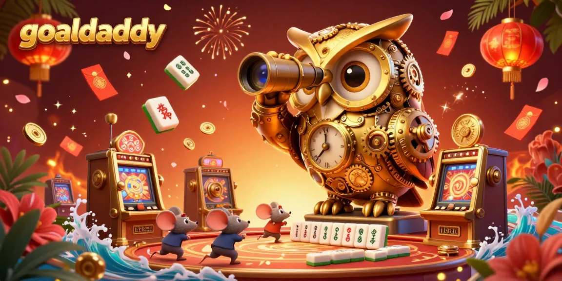 Win big with goaldaddy in a vibrant casino scene featuring a golden owl and lucky elements.