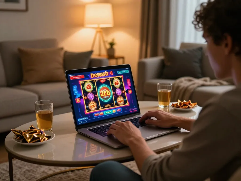 Engaging in slot deposit 2rb online gaming at home, player focused on vibrant gaming interface.