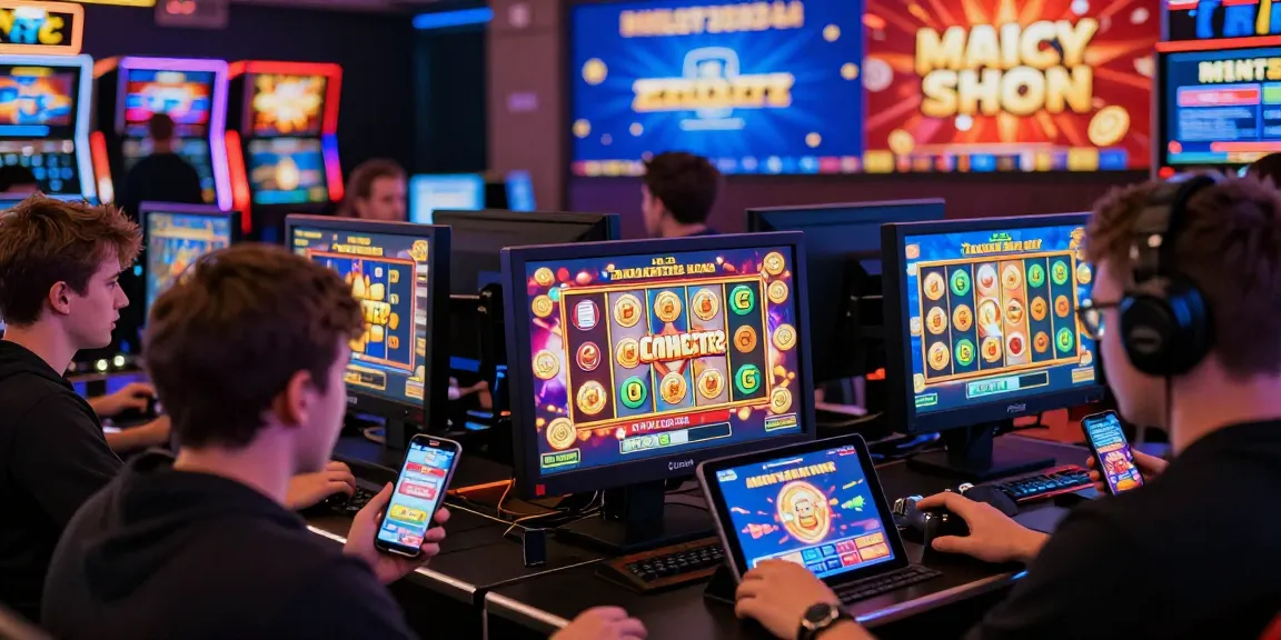 ZEUS222 online gaming excitement featuring players engaged in slot games on smartphones and tablets, vibrant digital atmosphere.