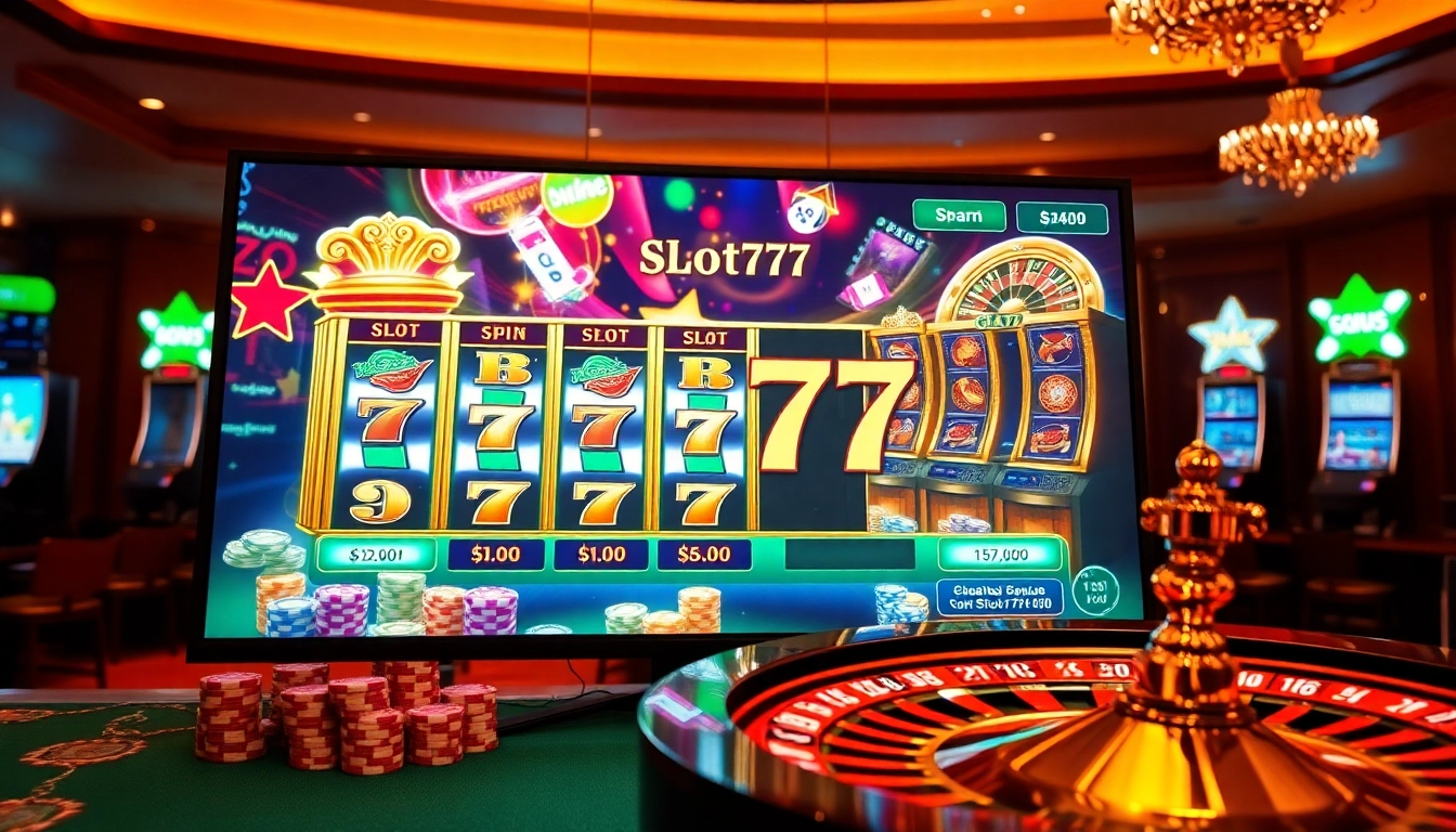 Experience thrilling wins with slot777 in a vibrant online casino setup featuring spinning slot machines.