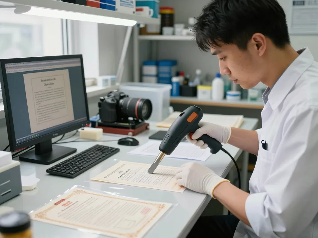 Cách tháo giấy ép nhựa by a technician in a professional workshop removing plastic lamination from important documents.