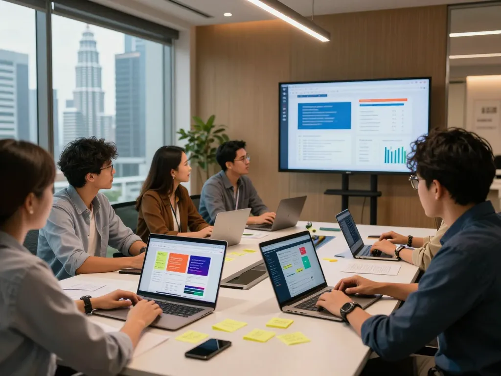 Team collaborating on innovative seo services malaysia in a modern office setting.