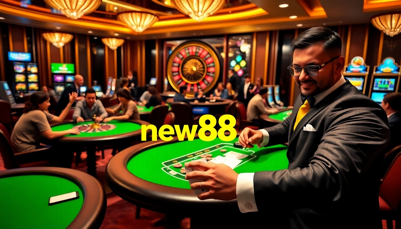 Experience thrilling gameplay at new88's luxurious casino with vibrant slot machines and poker tables.