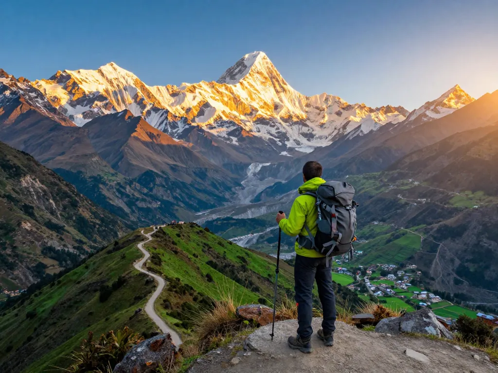 Annapurna Circuit trek scene with traveler at mountain viewpoint during sunset, showcasing majestic peaks and valley landscape.