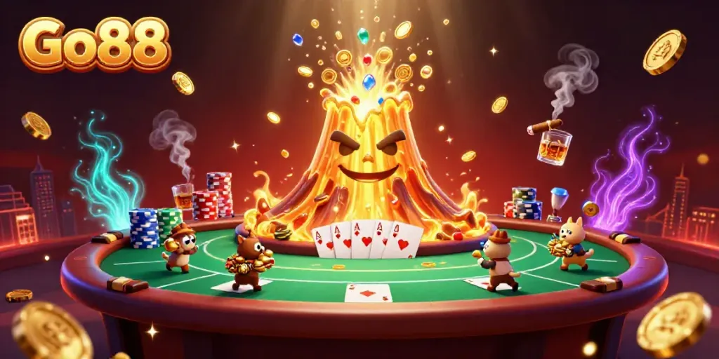 Experience excitement with Go88 as treasure-seeking animals rush from the erupting golden volcano in a vibrant casino.