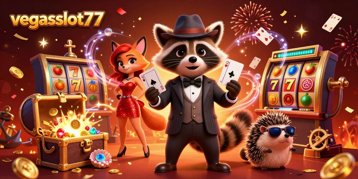 Experience vibrant gaming action with vegasslot77, showcasing a raccoon and friends celebrating a jackpot.