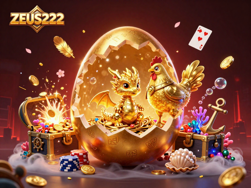 Experience the excitement of ZEUS222 with a golden dragon and poker chips in a vibrant casino scene.