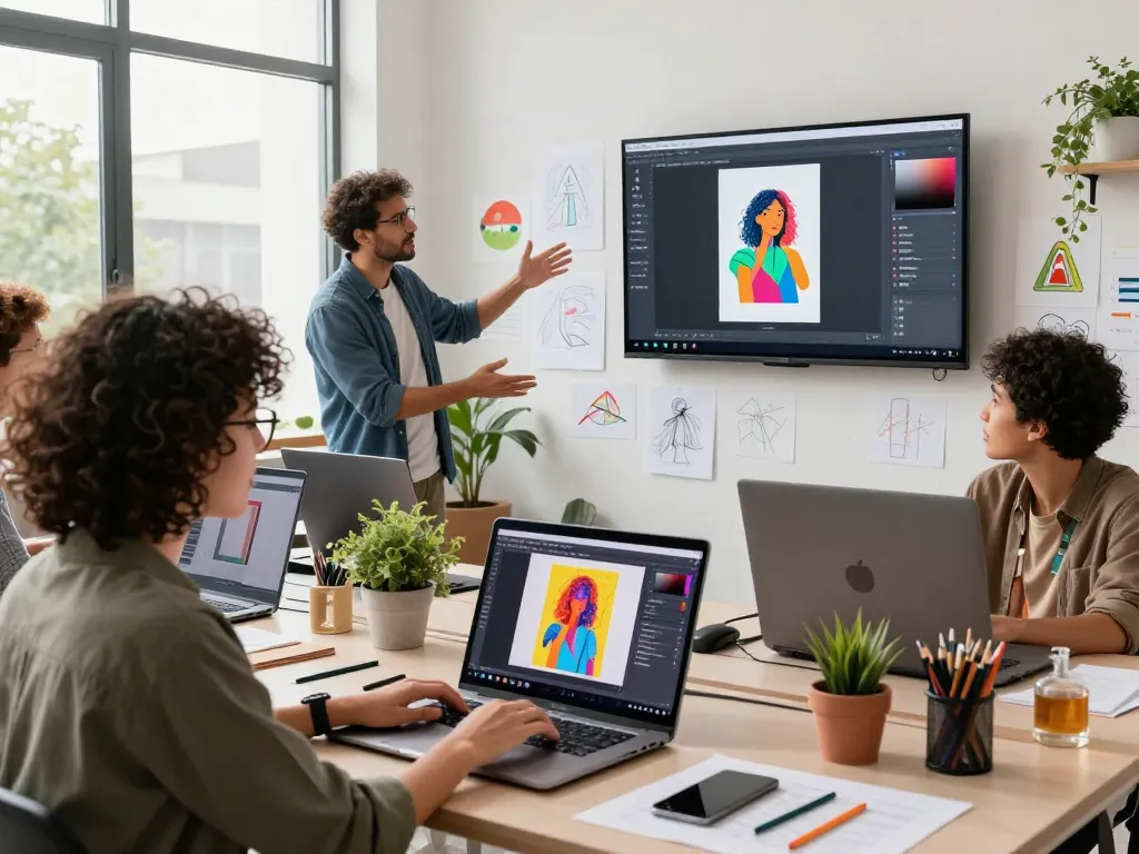 Creative team collaborating in a modern workspace using nano banana pro for AI image editing.