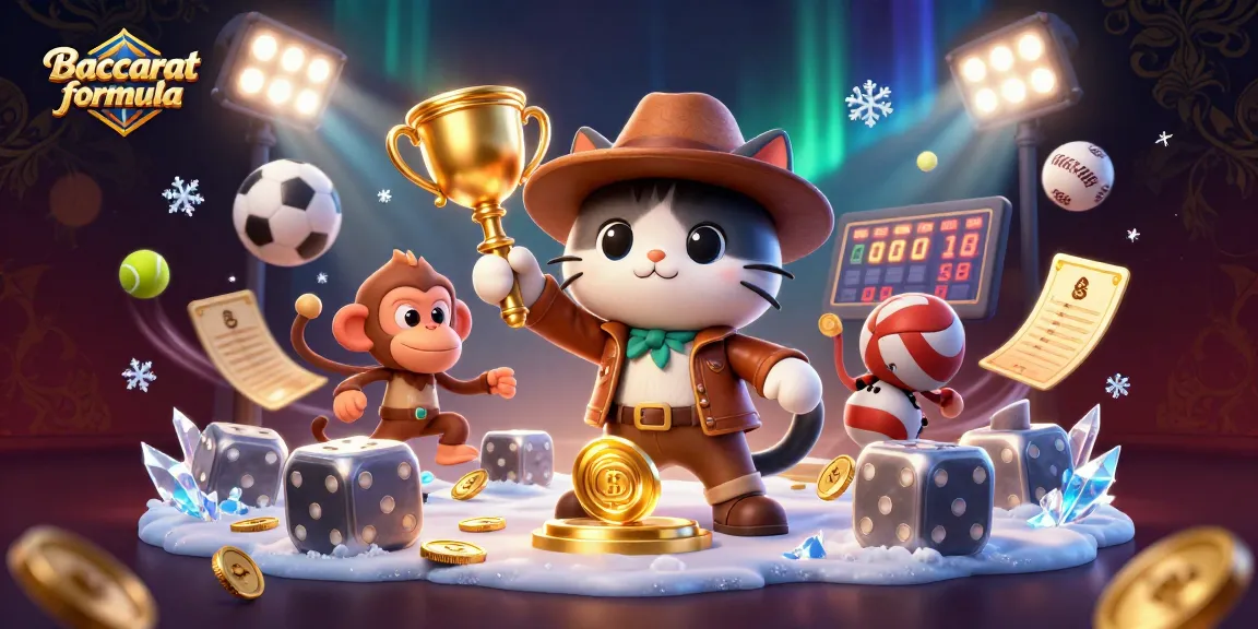 Engage with the Baccarat formula as a cat explorer finds treasures, amidst vibrant casino elements.