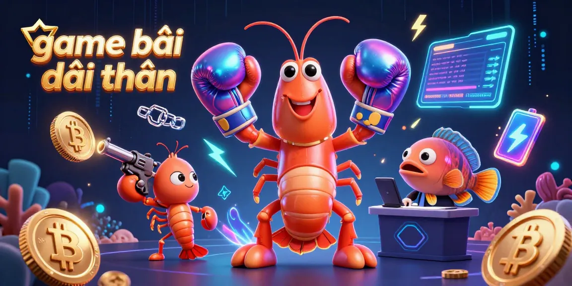 Experience game bài đổi thưởng with our vibrant 3D shrimp duo surrounded by crypto elements.