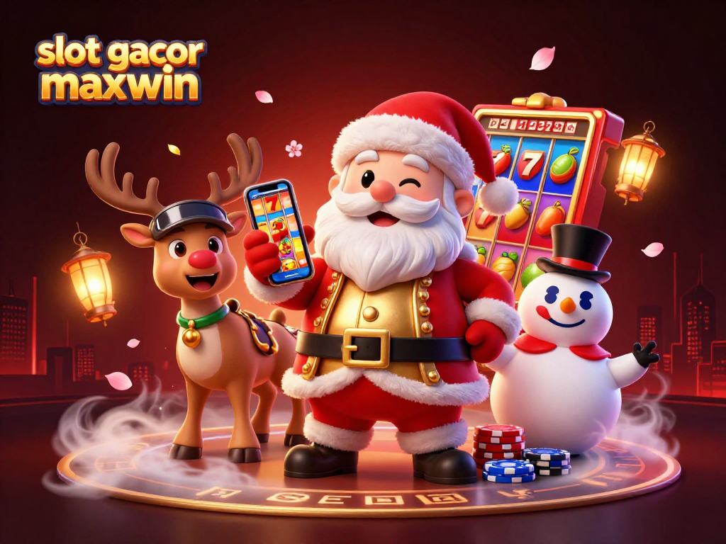 Gambar slot gacor maxwin dengan Santa Claus, rusa, dan salju yang menyenangkan saat bermain judi.