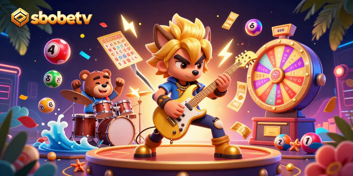 Engage with sbobetv as a cartoon wolf rocks the casino stage amidst colorful lottery games and vibrant winnings.