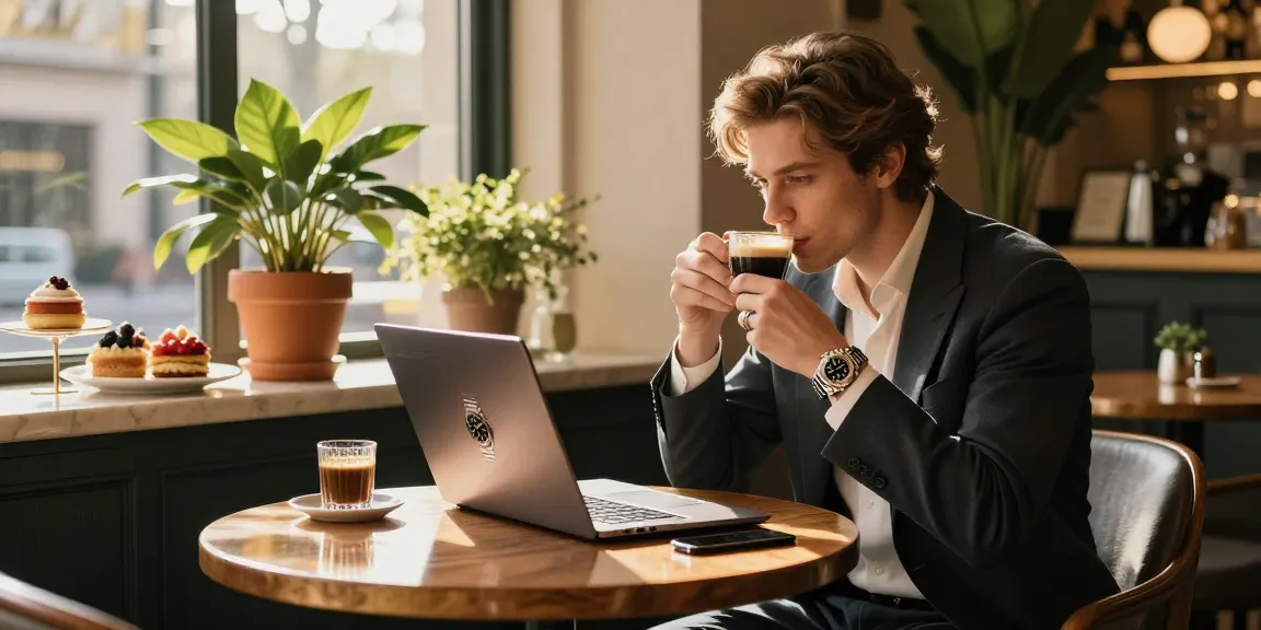 Elegant individual showcasing a rolex replica at a café, highlighting luxury lifestyle.