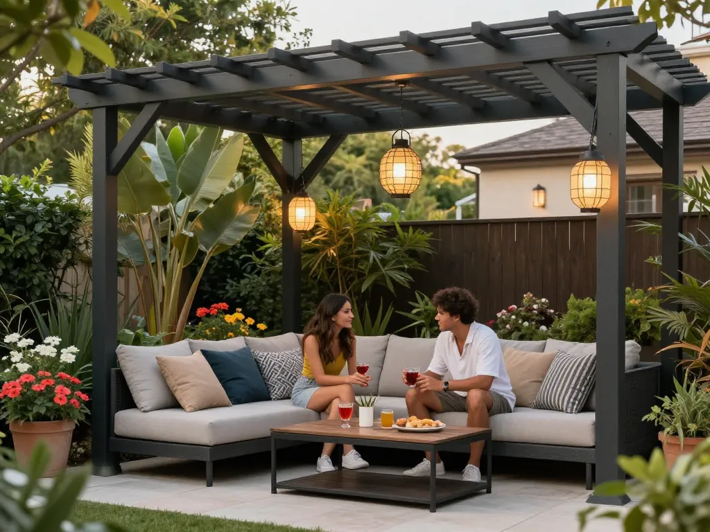 Stylish outdoor setting with a 3D pergola over a cozy seating area, perfect for gatherings.