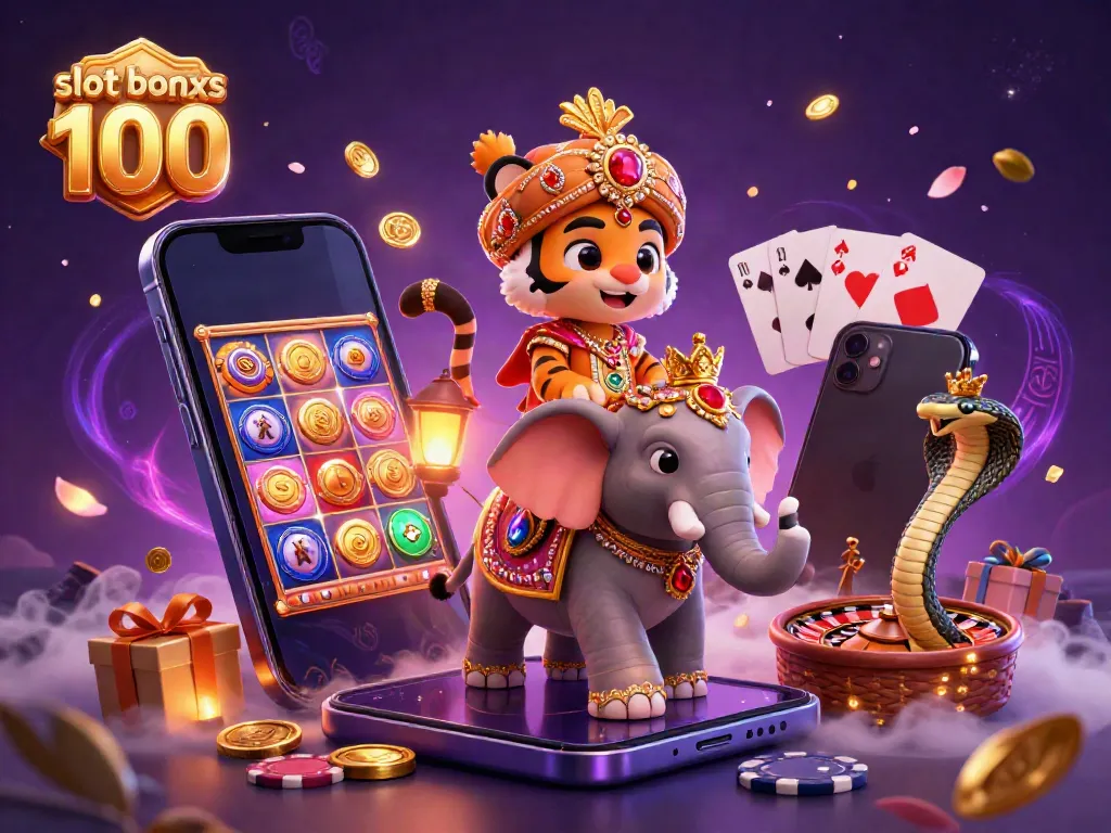 Experience the thrill of slot bonus 100 with a vibrant visual of a maharaja tiger, elephant, and cobra surrounded by casino elements.