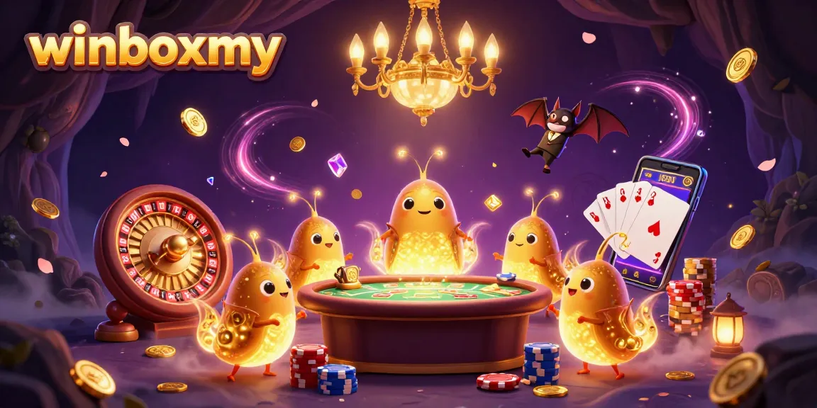 Experience wins with winboxmy as glowworms illuminate a vibrant casino scene filled with games and excitement.