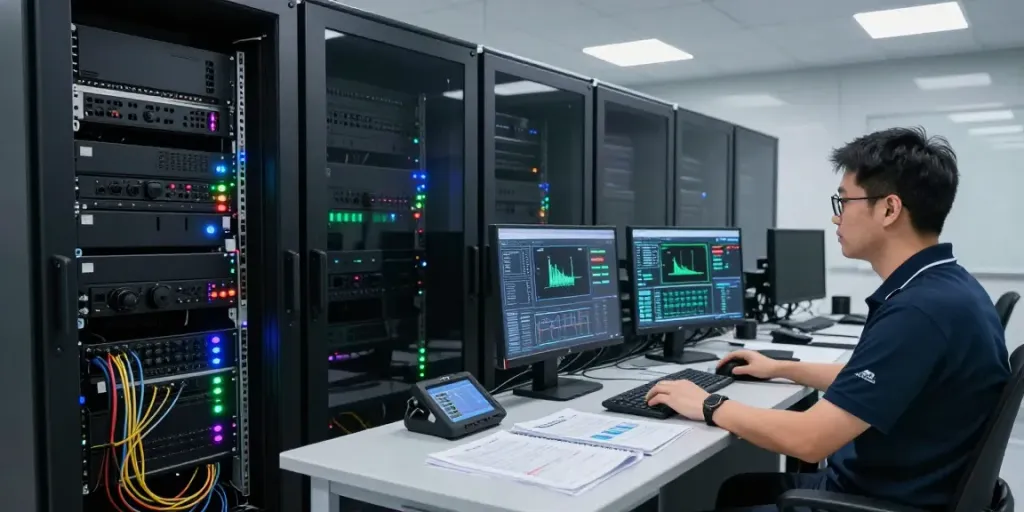 AI infrastructure in a modern data center with technicians monitoring servers.