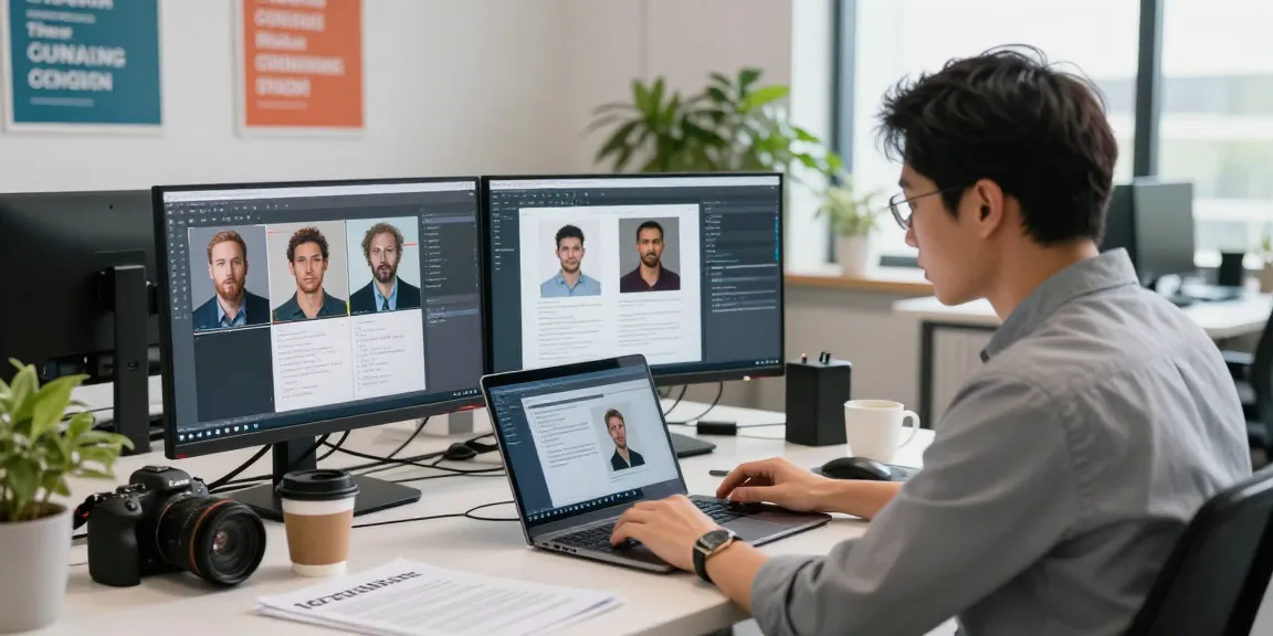 AI image detector workplace showing professional analyzing flagged content on monitors in a bright office setting.