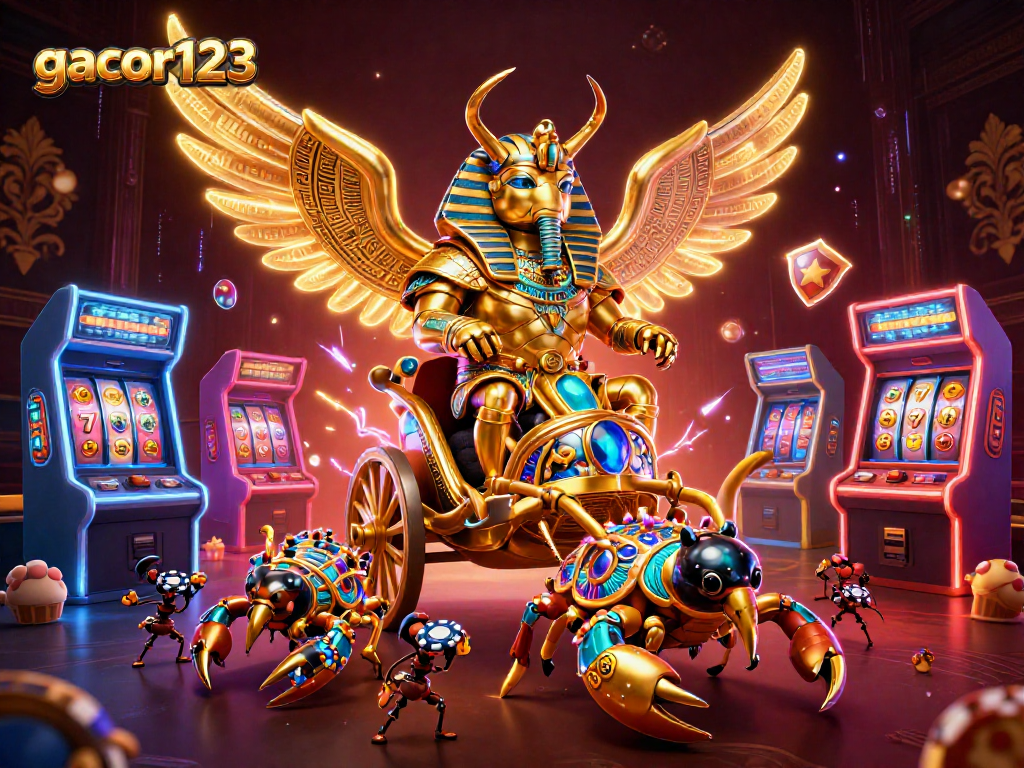 Experience the excitement of gacor123 with epic slots surrounded by vibrant gaming symbols.