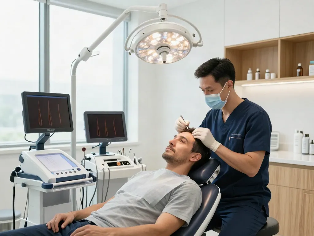 Hair transplant procedure showcasing SMART™ FUE technique in a modern clinic.