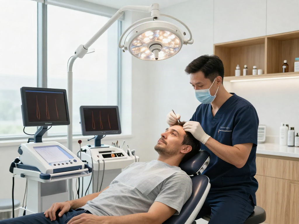 Hair transplant procedure showcasing SMART™ FUE technique in a modern clinic.