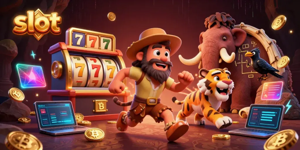 Spin the slot reels in a vibrant prehistoric casino with a caveman and sabertooth tiger duo.