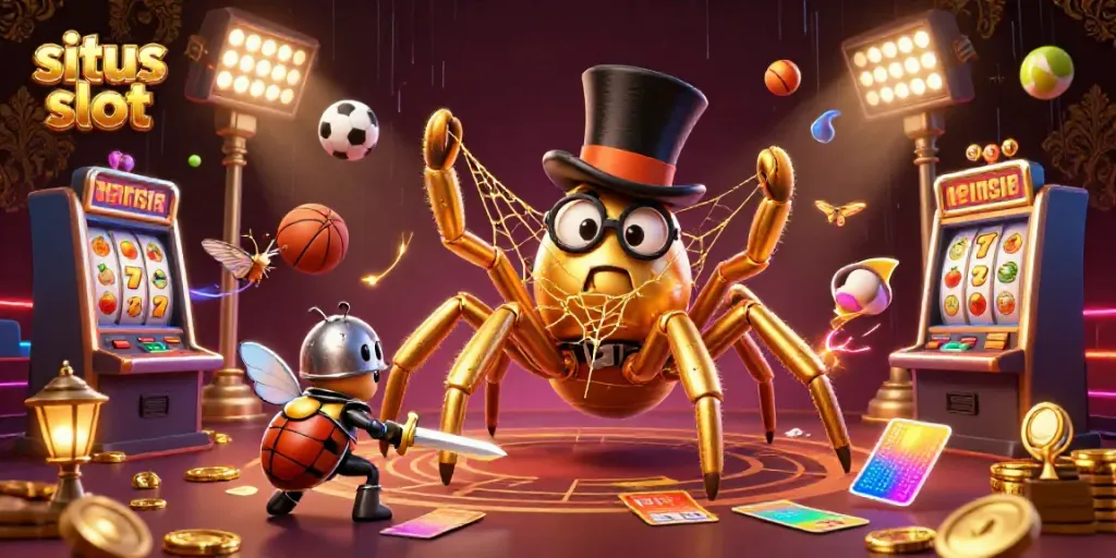 Experience the excitement of situs slot with a lively scene featuring playful characters and slot machine elements.