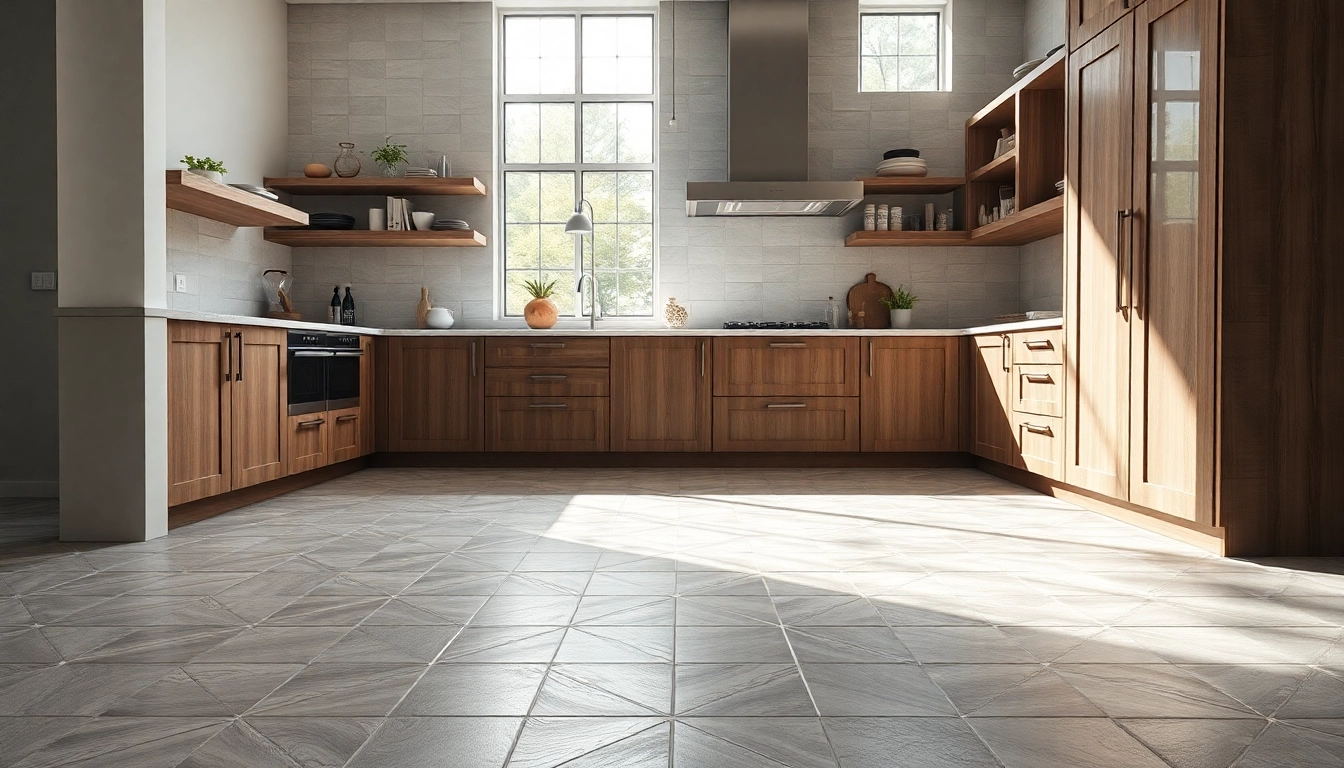 Stunning tile design on a modern kitchen floor highlighting intricate patterns.
