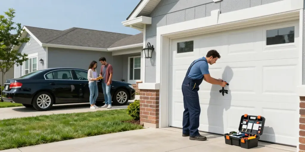 Same day garage door repair service with a technician inspecting a broken garage door.